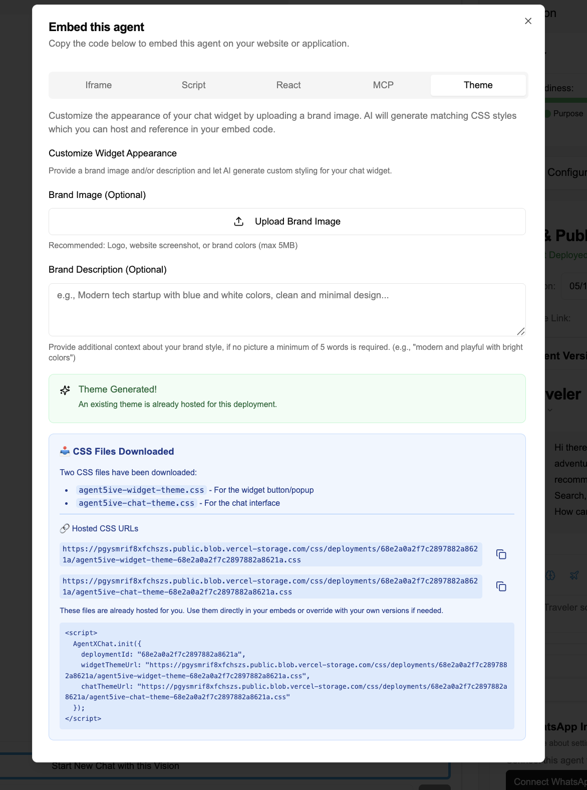 AI Theme Customization Interface showing brand image upload, brand description input, theme generation status, and CSS files download section with hosted URLs