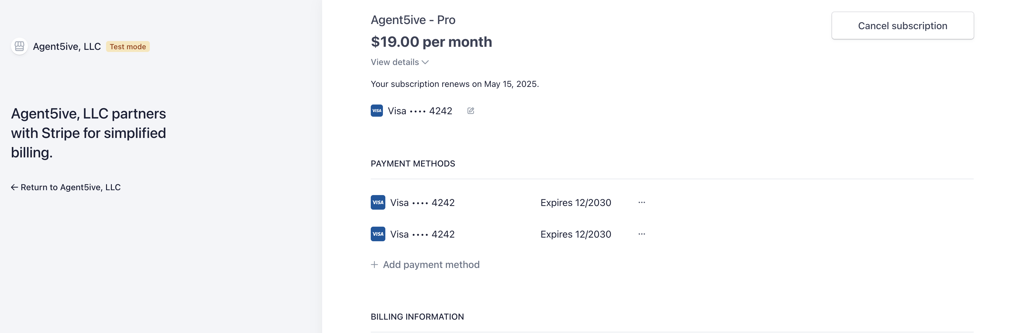 Agent5ive Pro subscription billing details showing $19.00 per month with Stripe payment processing