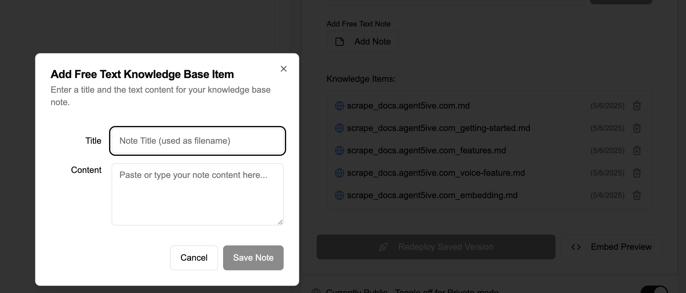 Screenshot of the Add Free Text Knowledge Base Item dialog