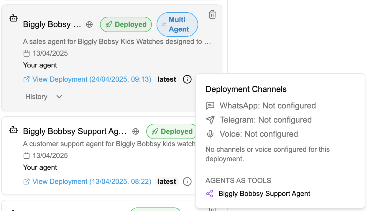 Deployment information popup showing channels and agents as tools