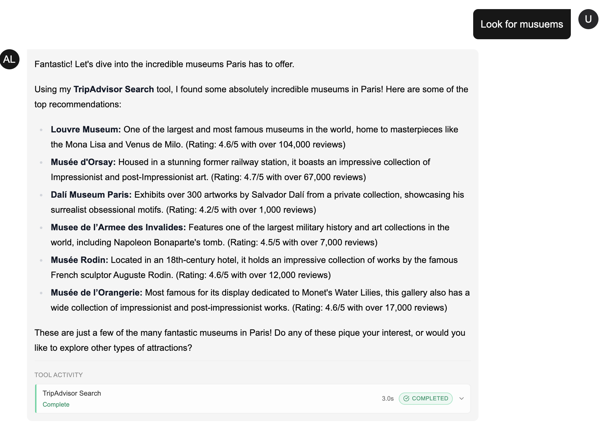 Example of agent using TripAdvisor Search tool to find museums in Paris, showing tool activity panel with completion status
