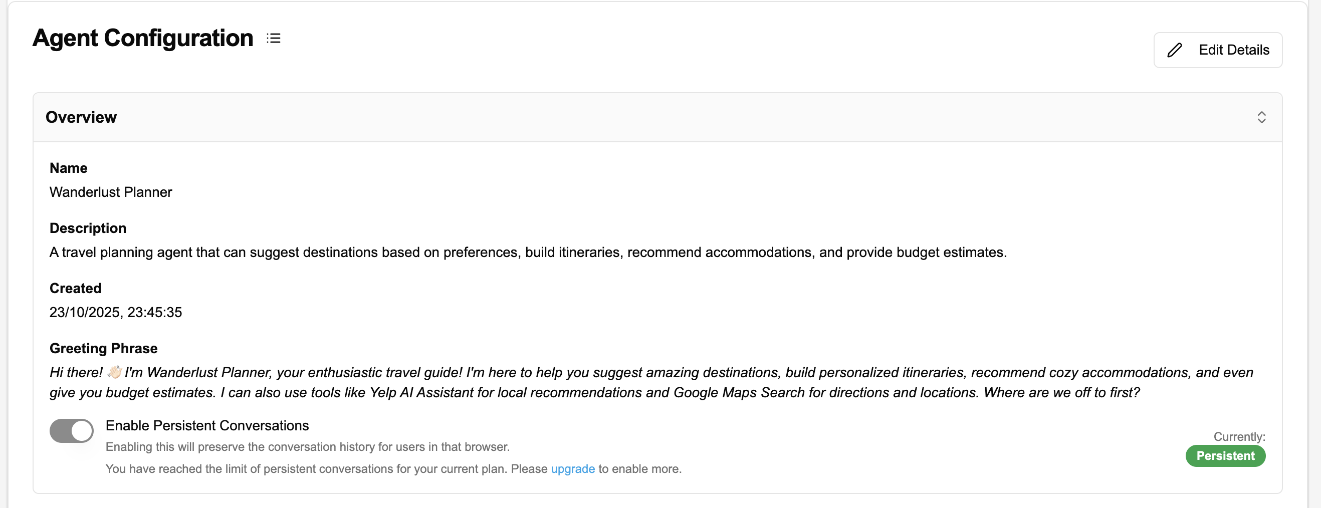 Agent Configuration showing Enable Persistent Conversations toggle