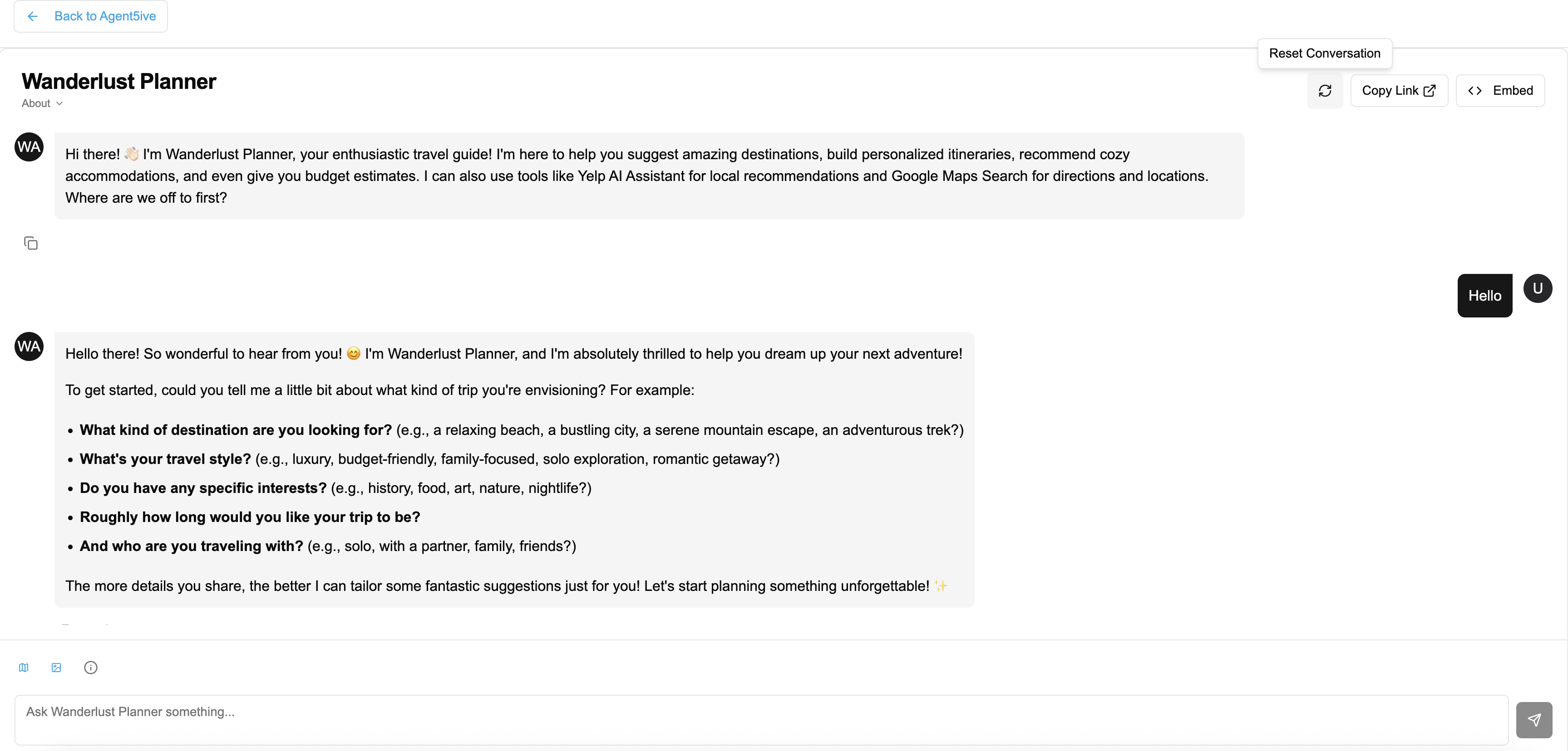 Agent chat interface showing Reset Conversation button