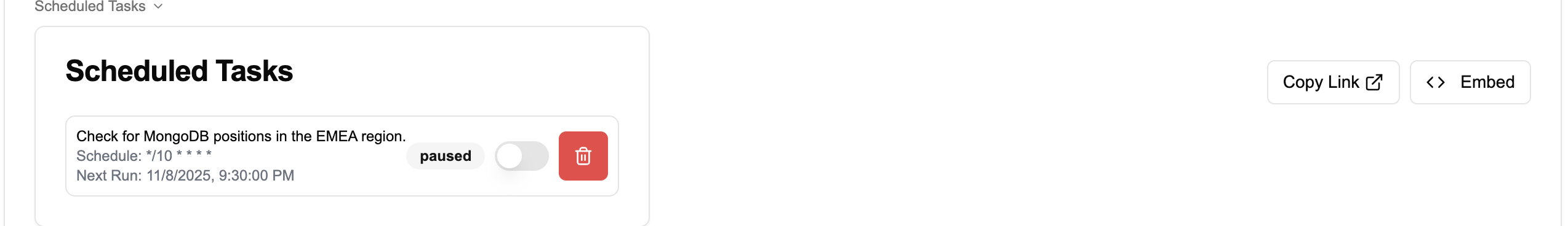 Scheduled Tasks management interface showing pause and delete controls
