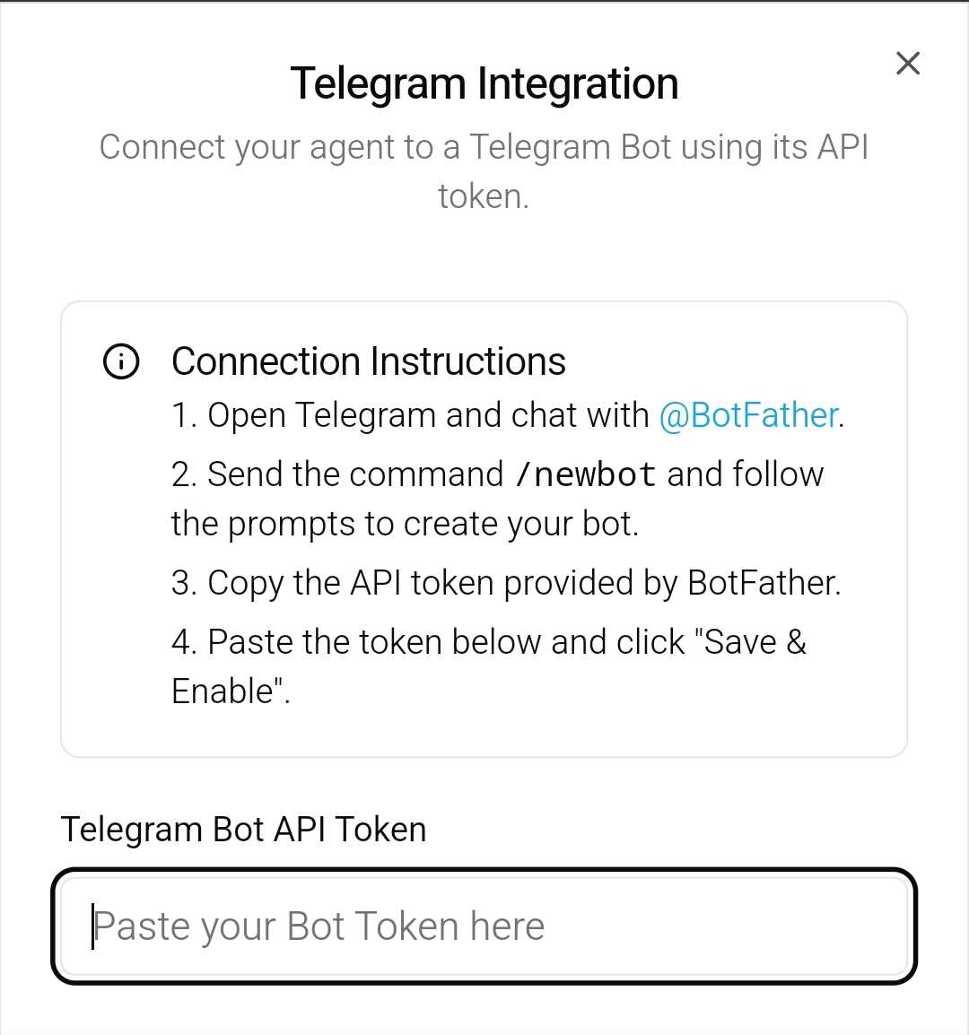 Telegram Integration interface showing connection instructions and API token input field