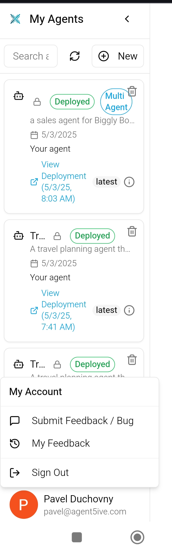 Profile menu showing feedback options