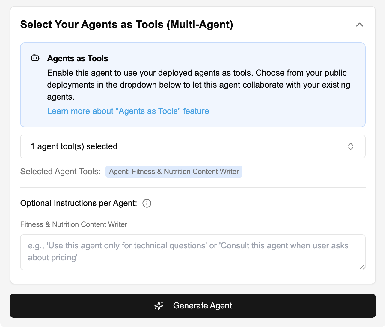 Optional Instructions per Agent interface showing text area for custom instructions