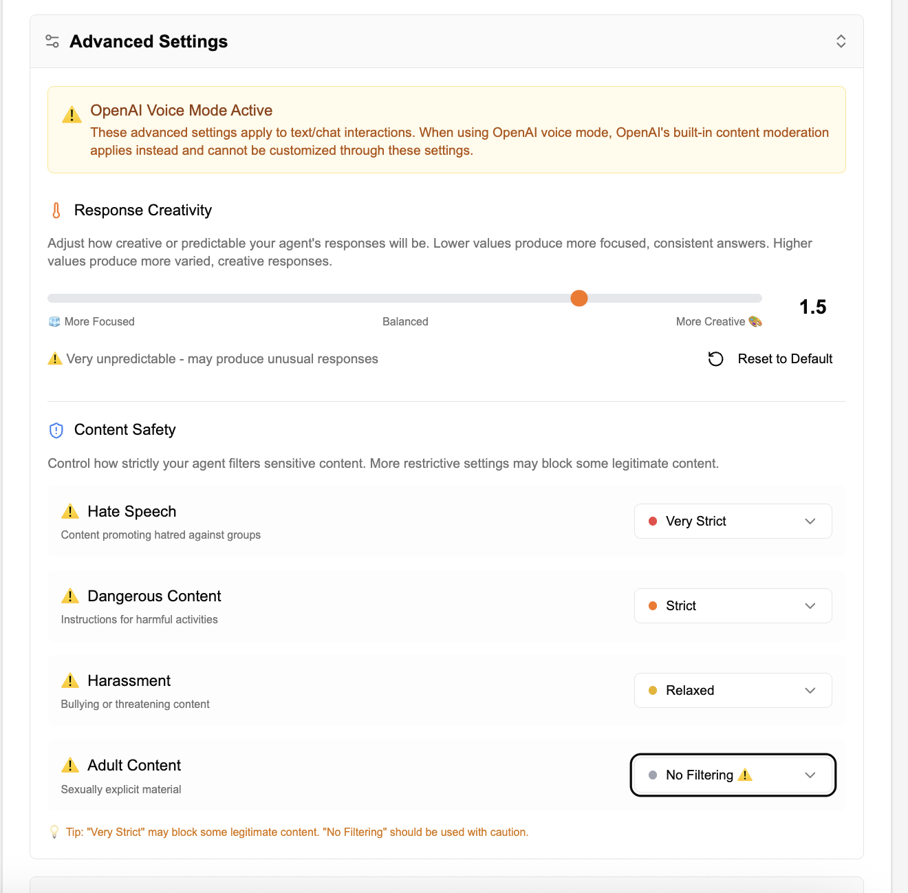 Advanced Settings panel showing Response Creativity slider and Content Safety filters