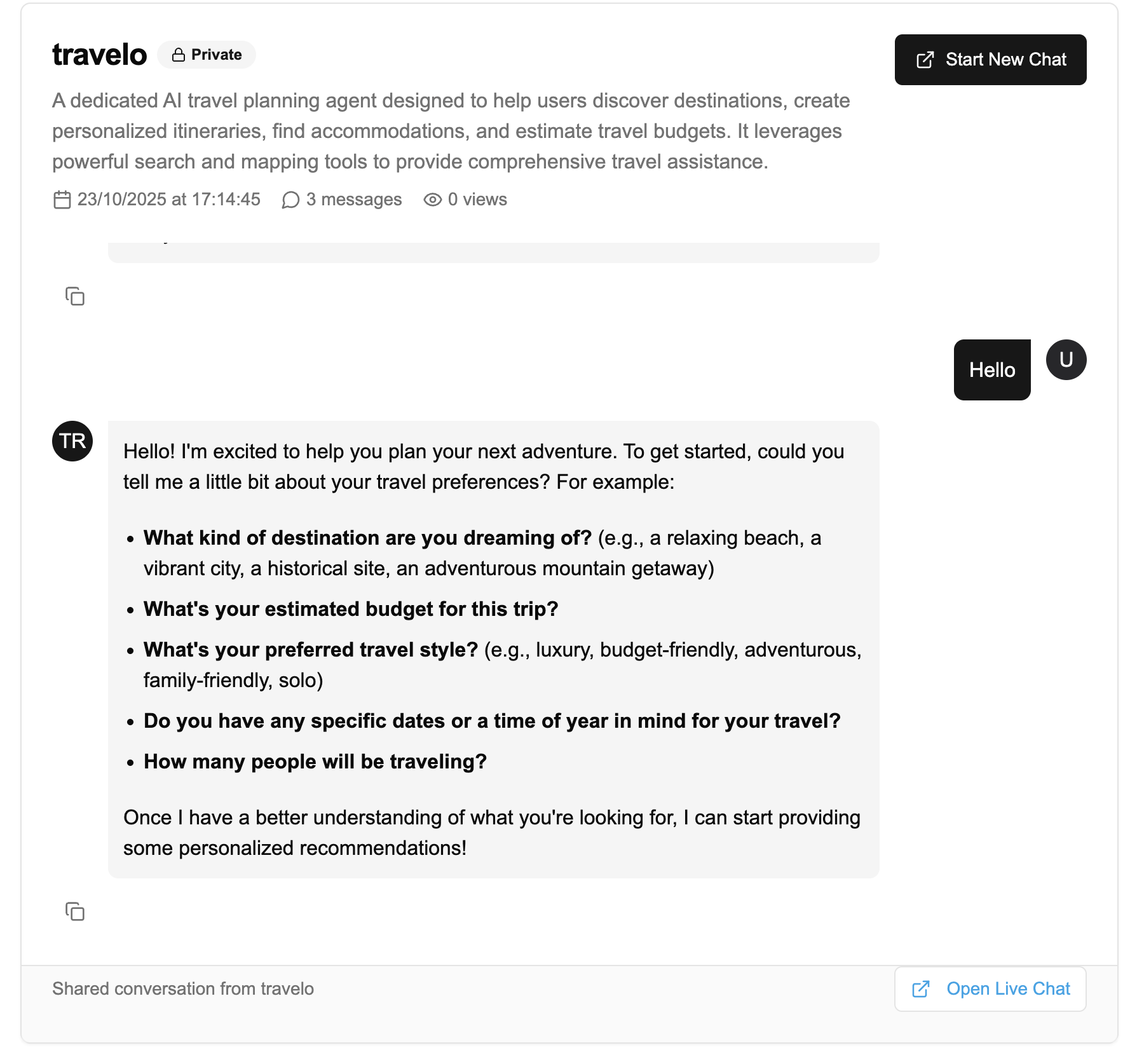 Shared conversation view showing read-only conversation with metadata and Open Live Chat button