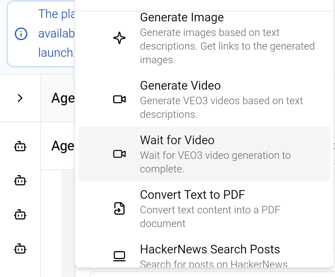 Content generation tools including Generate Image, Generate Video, Wait for Video, and Convert Text to PDF