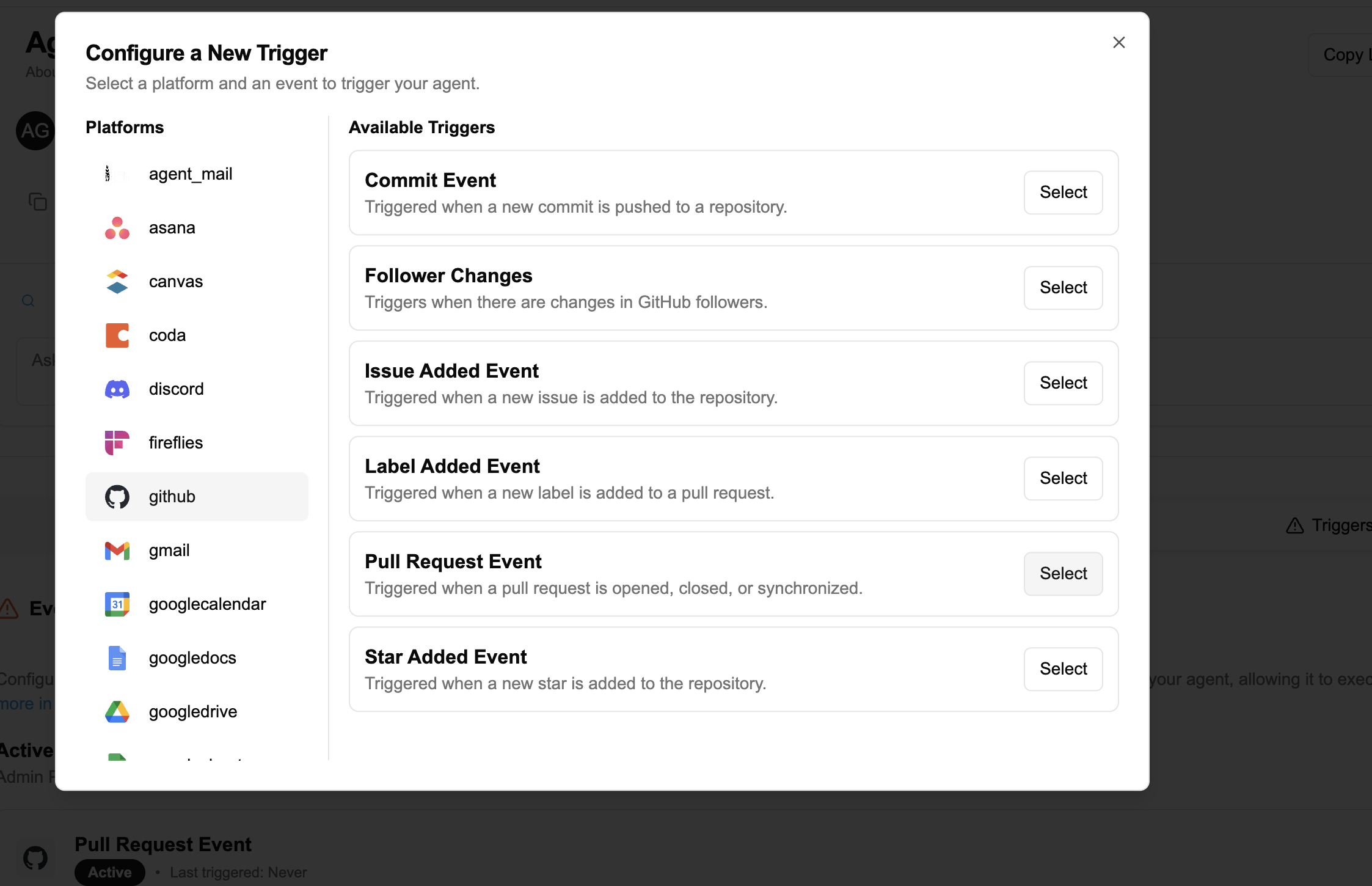 Configure a New Trigger modal showing available platforms and events