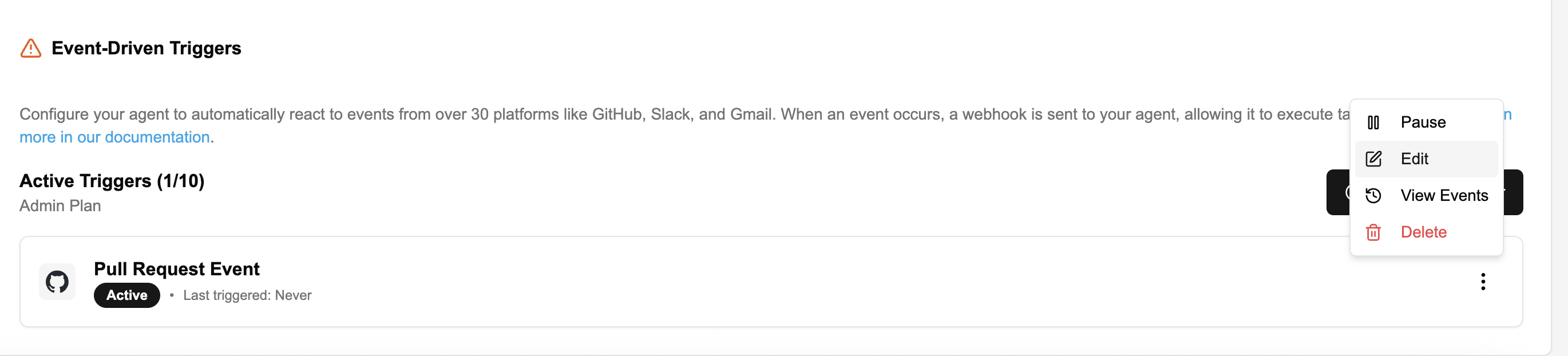 Trigger card showing actions menu and status