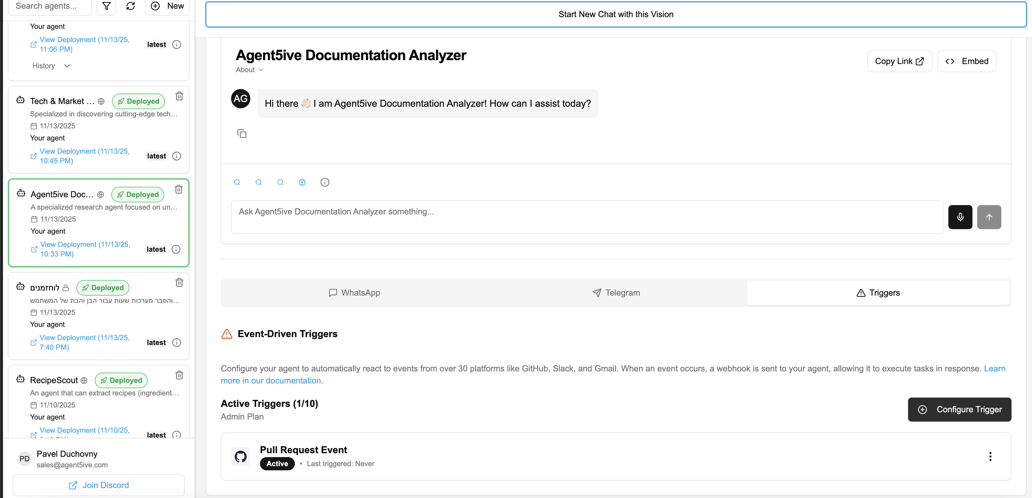 Agent5ive Dashboard showing Active Triggers section